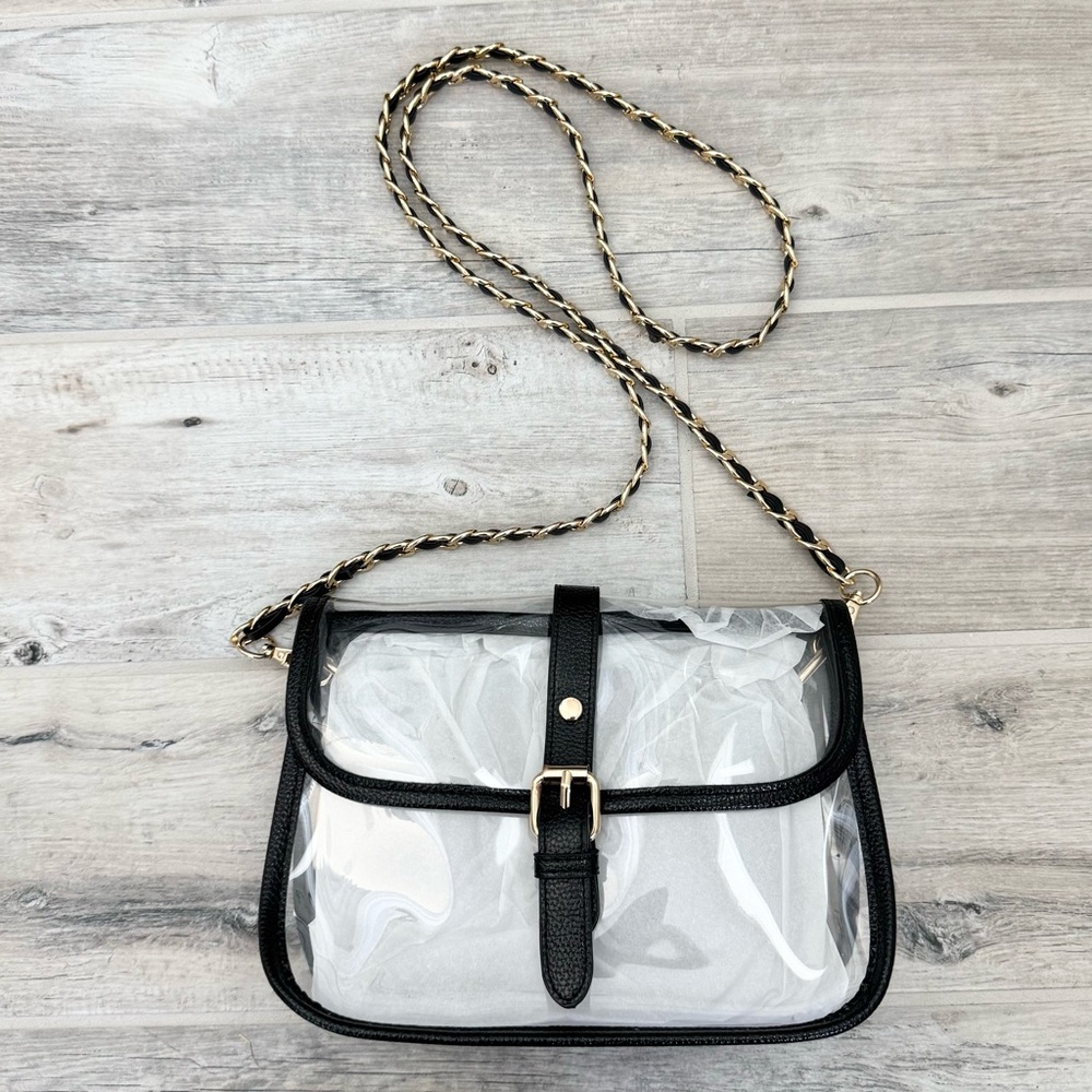Clear Black Faux Leather Trim Crossbody Shoulder Gold Chain Bag